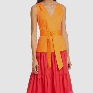 $375 Milly Women's Red Sleeveless Tie Waist Tier Ruffle Cotton Maxi Dress Size 2